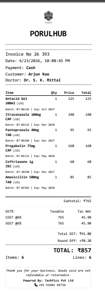 PorulHub Printed POS Sales Invoice Receipt
